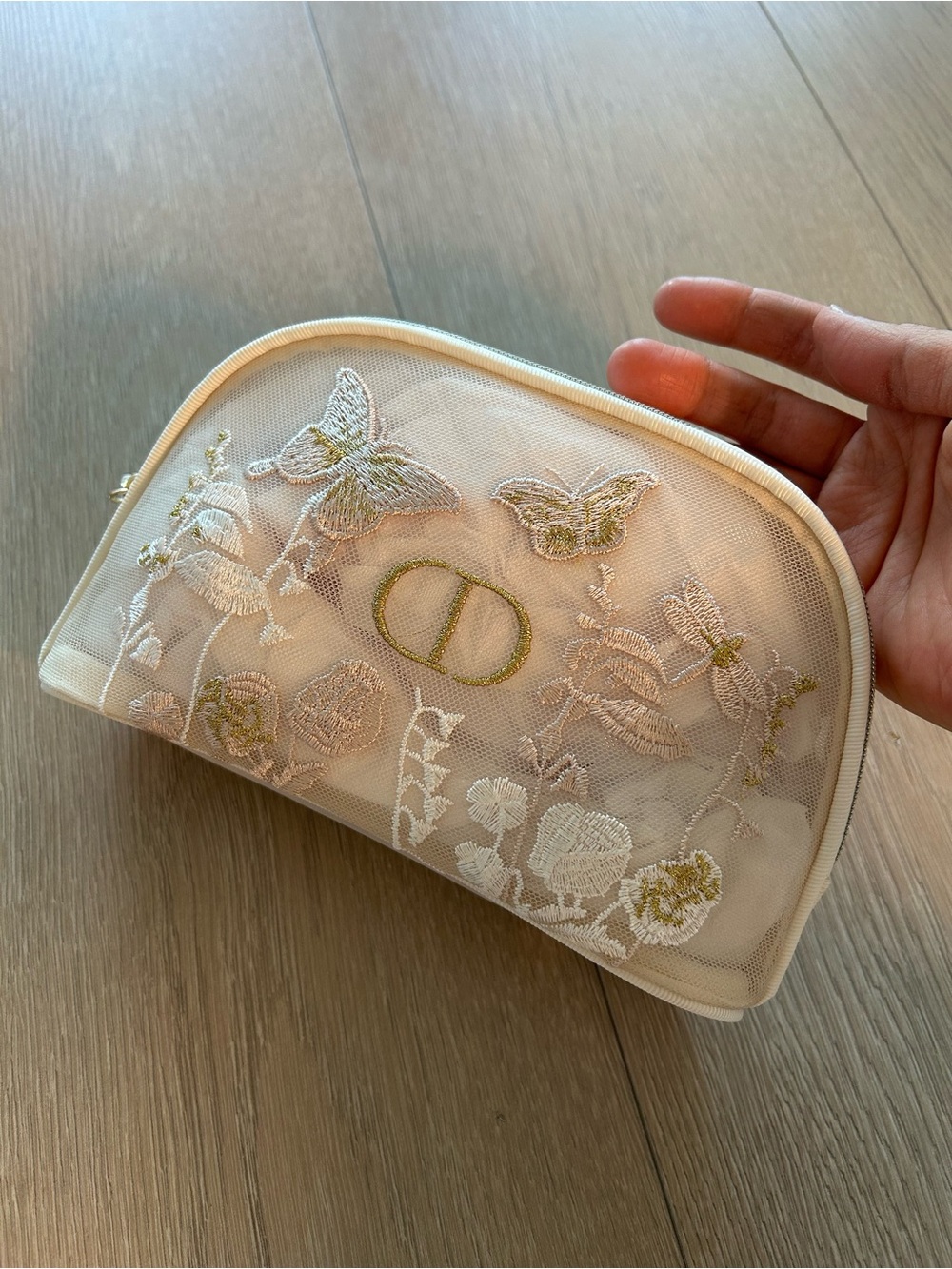 Dior Cream Mothers Day Embroidered Butterfly Floral Cosmetic Pouch